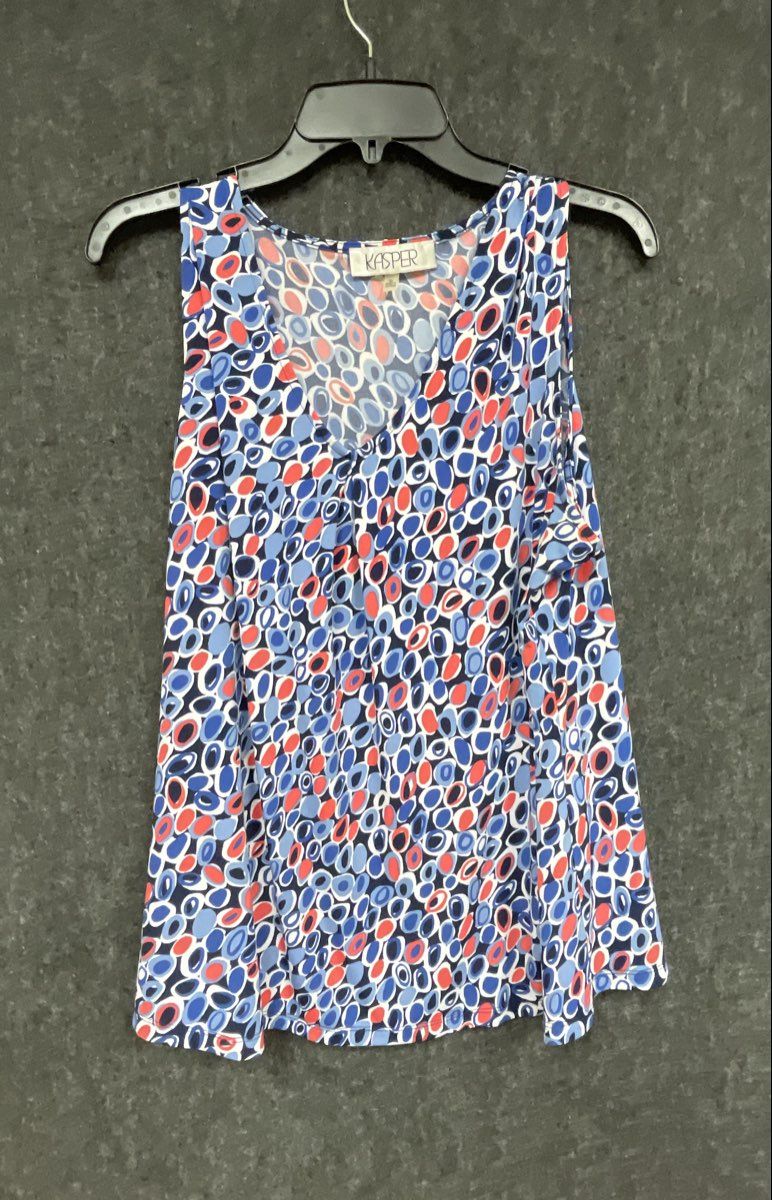 Kasper Women's Sleeveless V-Neck Top Blue Red Abstract Circle Print Blouse XL