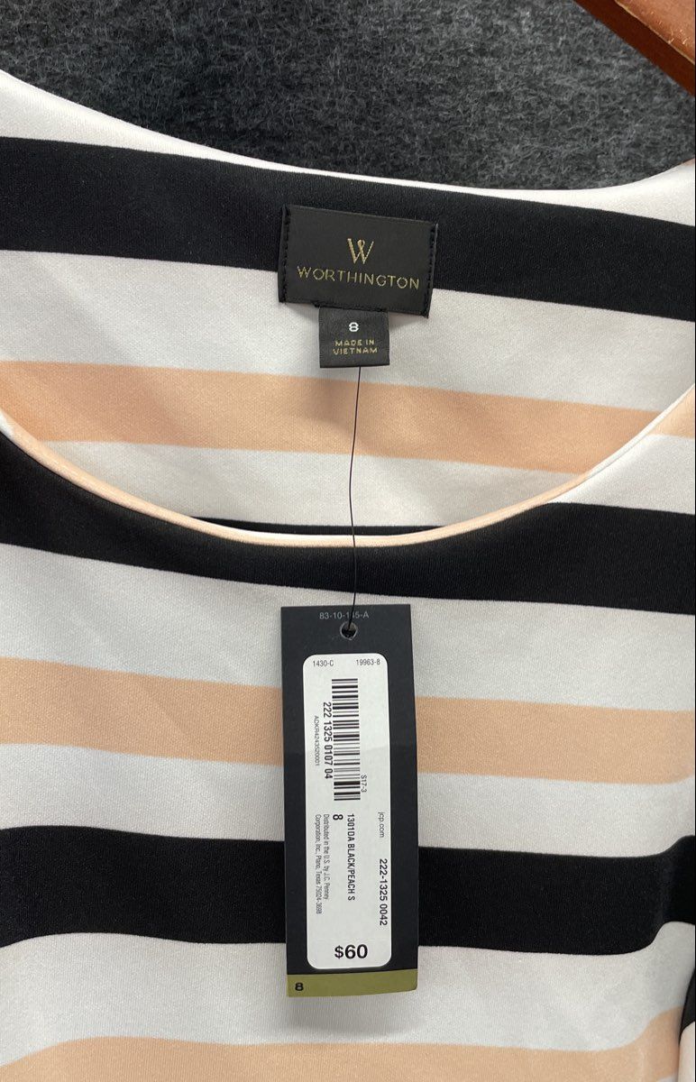 Worthington Women's Sleeveless Dress White Black Peach Striped Sz 8 NWT