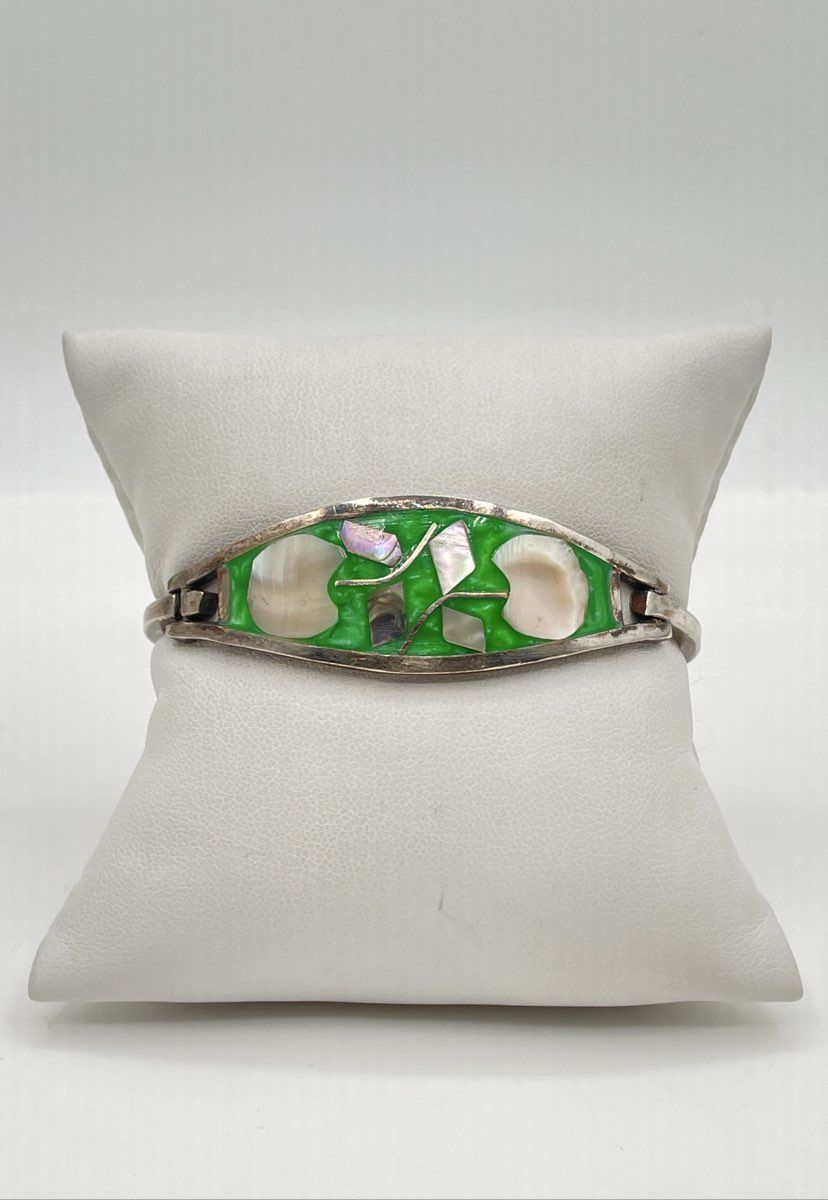 Alpaca Silver MOP Abalone Inlay Green Resin Bangle Bracelet Mexico Marked 15.1g