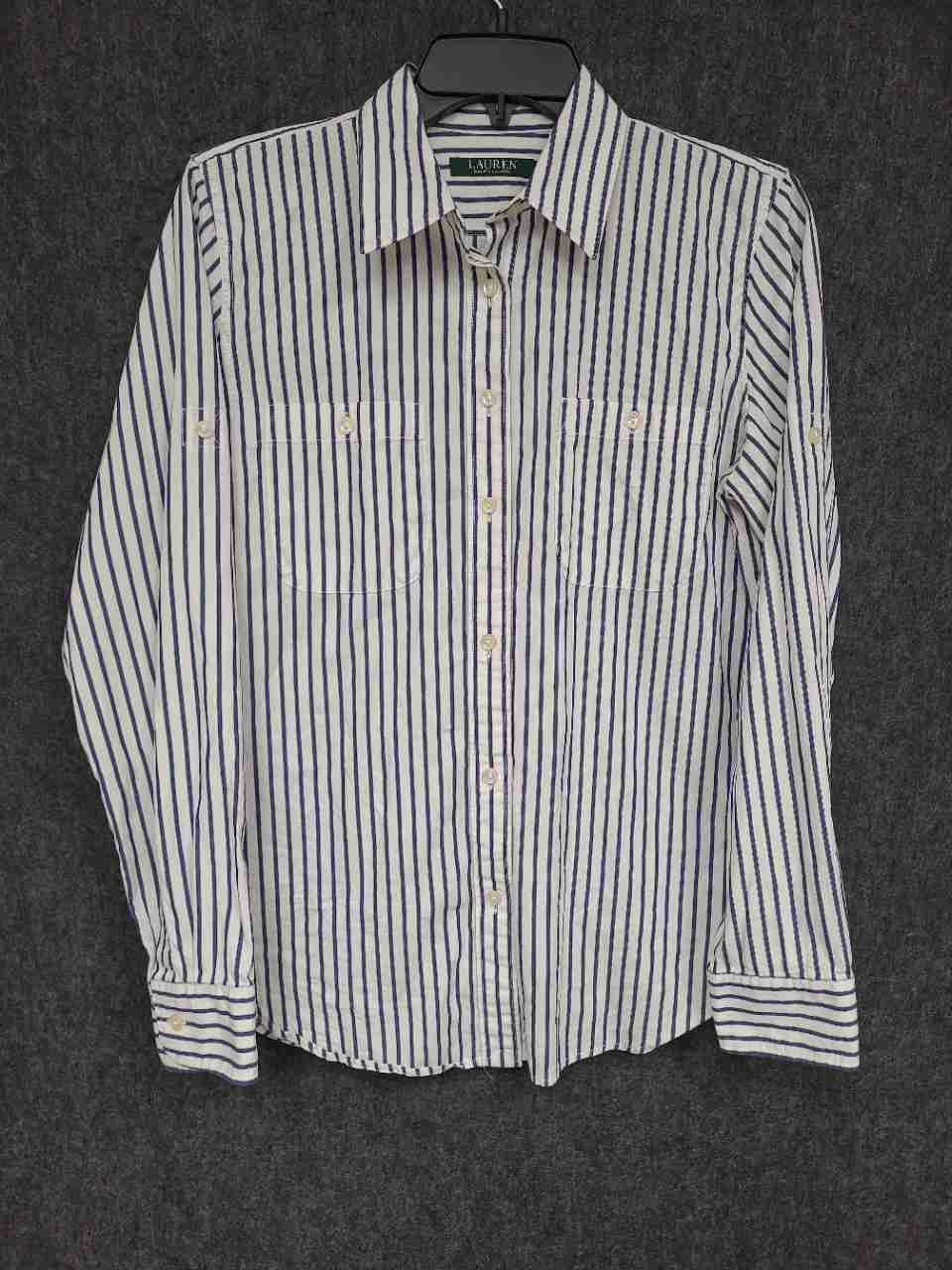 Lauren Ralph Lauren Women's White Blue Striped Button Up Pocket Shirt Sz M