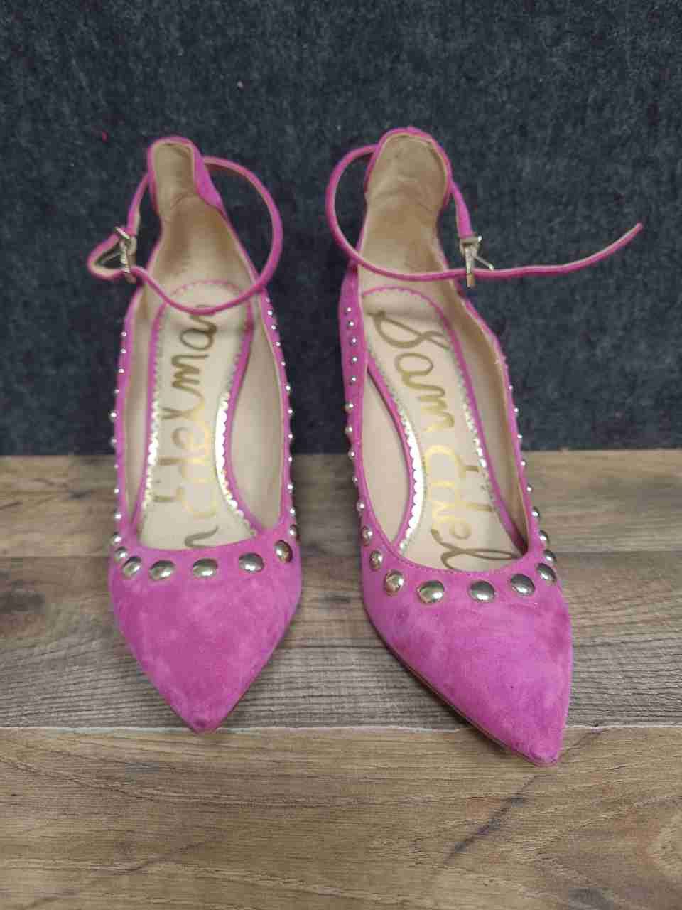 Sam Edelman Pink Suede Studded Ankle Strap Pointed Toe Pumps Heels Size 6.5