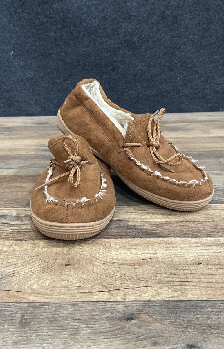 Apres Men's Brown Synthetic Suede Faux Shearling Moccasin Slippers Sz 8