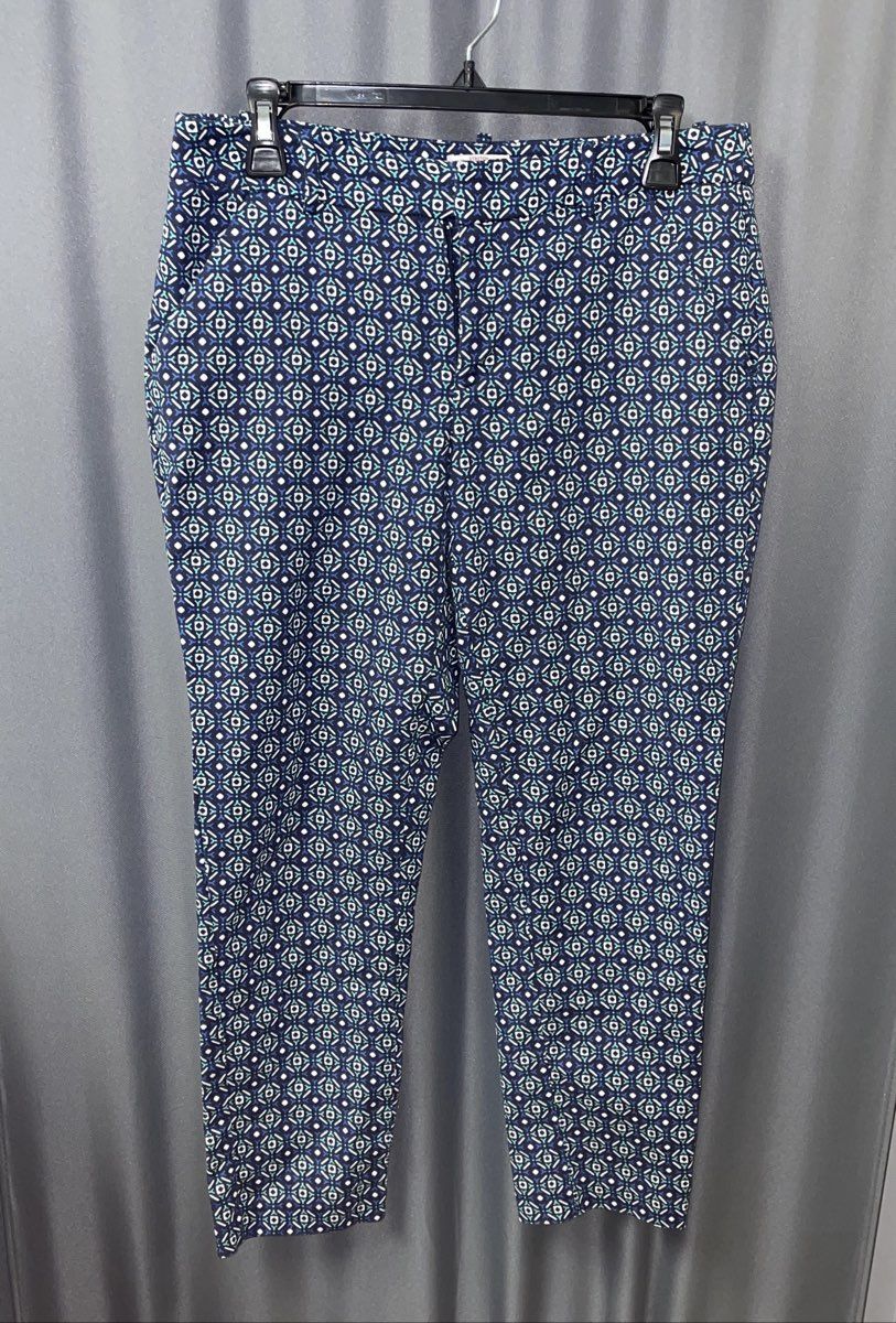 Merona Women's Navy Teal Geometric Medallion Stretch Classic Slim Pants Sz 6