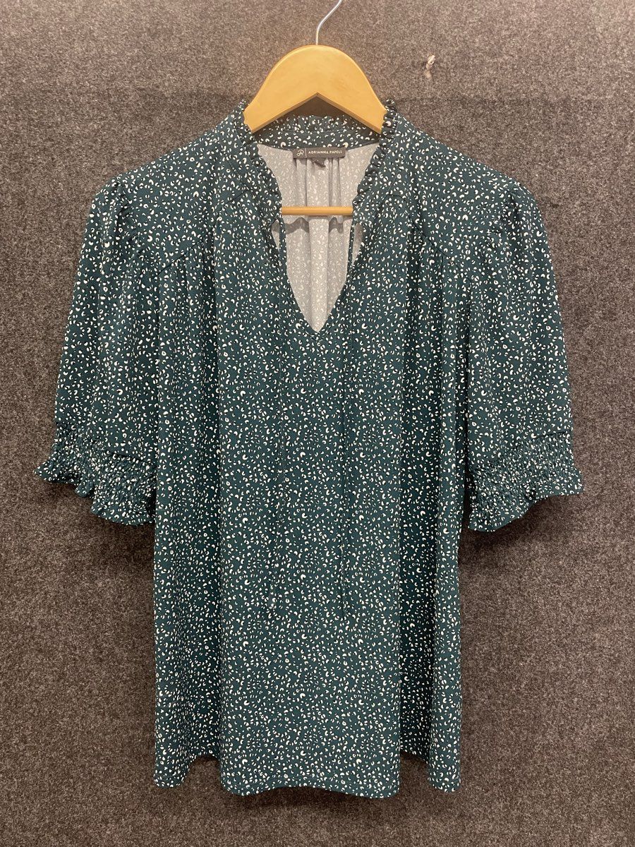Adrianna Papell Women's Green Ruffle Tie-Neck Puff Sleeve Knit Blouse Sz L