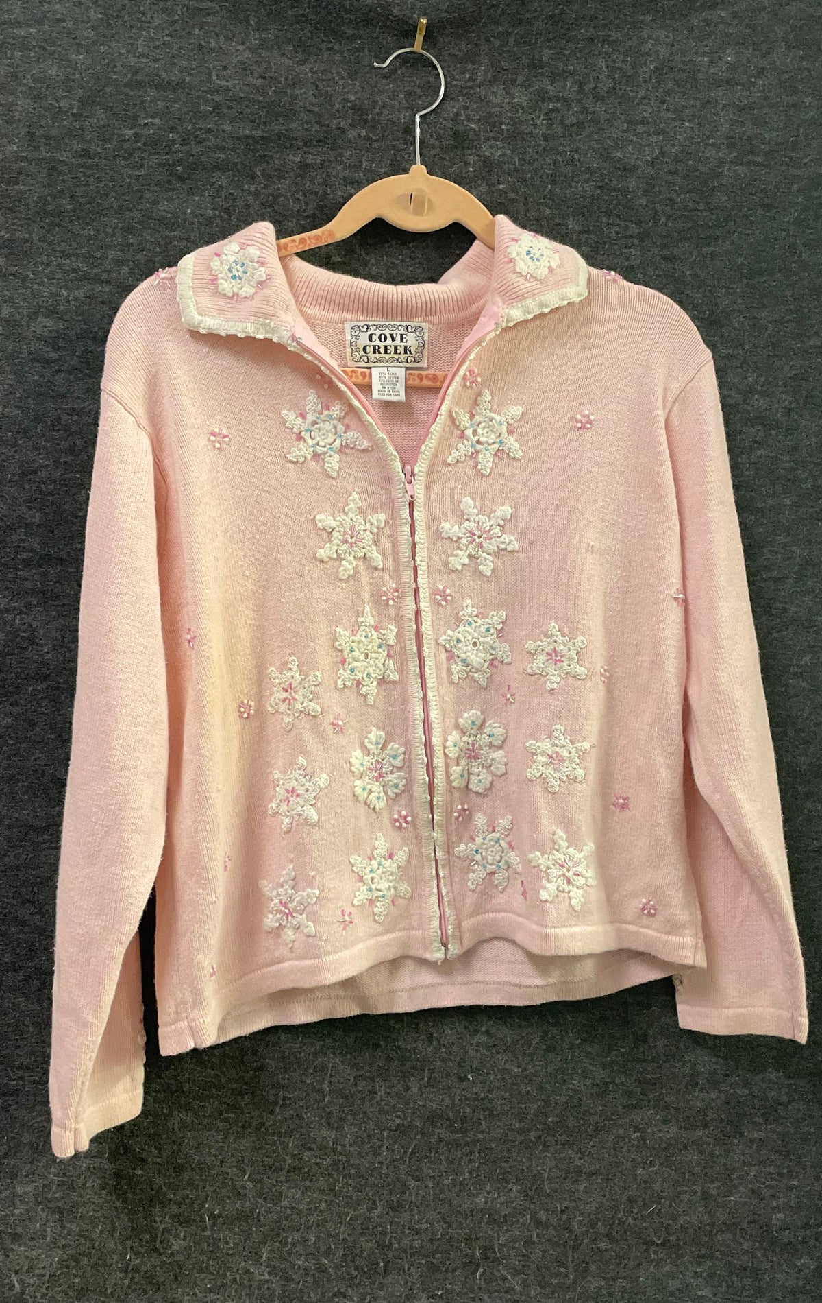 Cove Creek Women's Pink Snowflake Beaded Zip Cardigan Sweater Sz L
