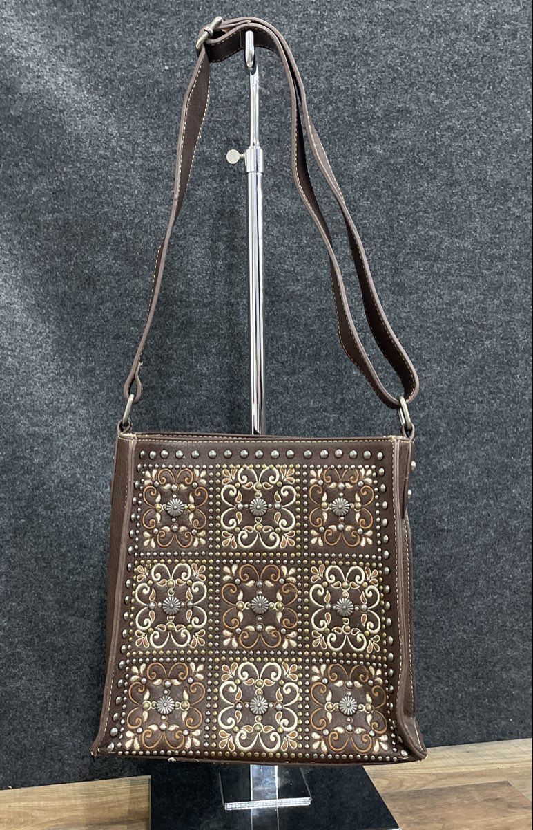 Montana West Brown Leather Studded Embroidered Western Crossbody Shoulder Bag