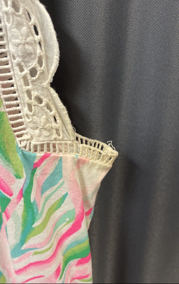 Lilly Pulitzer Women's Corinne Tank Top Pink Green Floral Eyelet Lace Scallop M