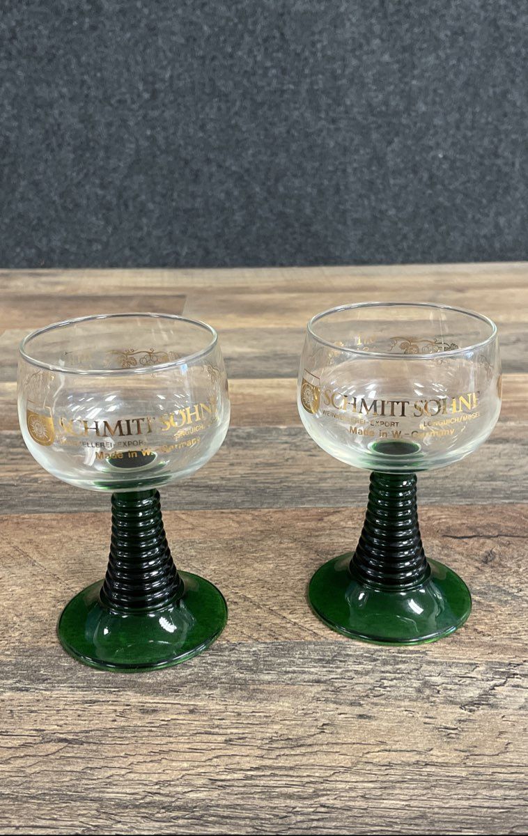 Vintage Schmitt Sohne Green Beehive Stem Roemer Wine Glasses Set of 2
