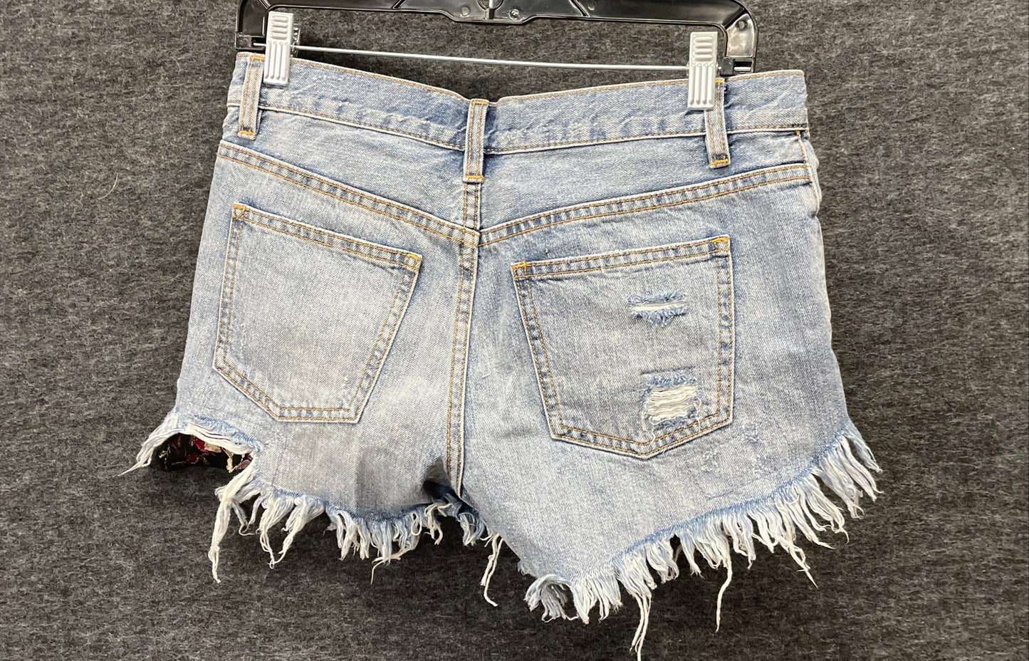 We The Free Women's Blue Ripped Denim Shorts Floral Embroidery Lace Hem Sz 25