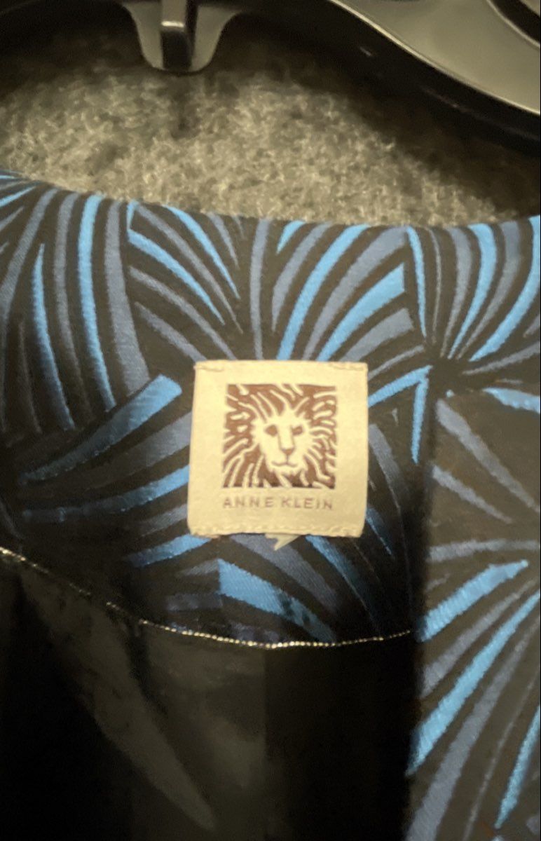 Anne Klein Women's Blue Black Geometric Fan Jacquard Open Front Jacket
