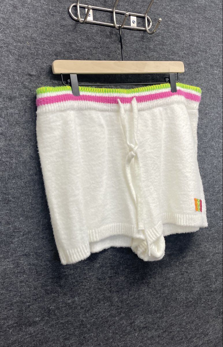 Haribo Gummy Bear Fuzzy Knit Shorts White XL Pink Green Stripe Waist Drawstring