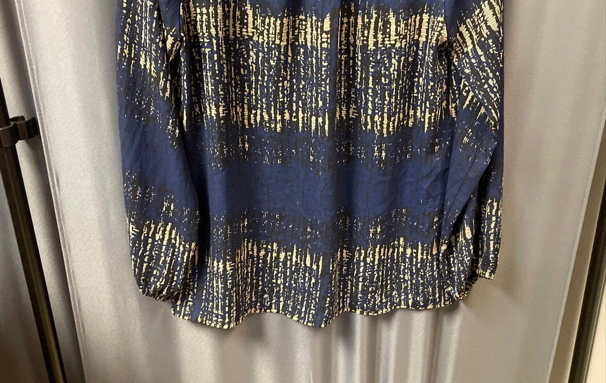 ZOA New York Women's Blue Abstract Print Button V-Neck Long Sleeve Blouse Sz M