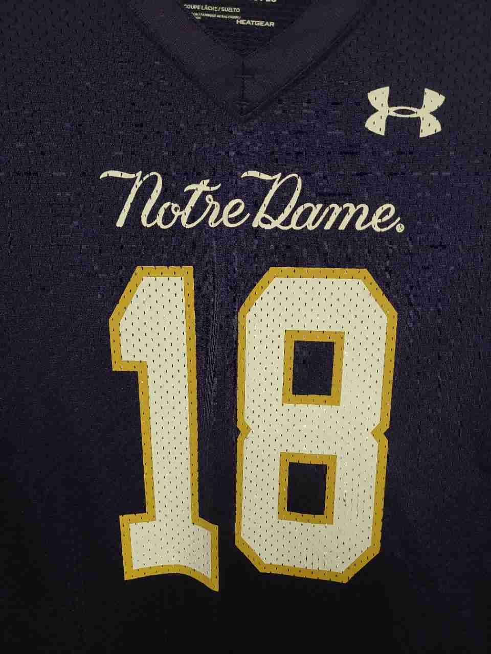 Under Armour Men's Notre Dame #18 Football Jersey Navy Pinstripe Sleeves XL