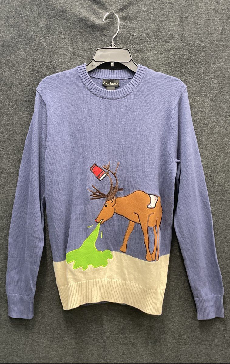 Alex Stevens Men's Purple Reindeer Solo Cup Vomit Christmas Sweater Sz S NWT