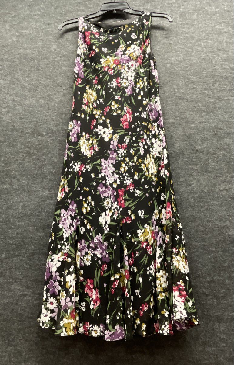 Chaps Women's Black Sleeveless Floral Print Midi Dress Tiered Flare Skirt Sz 6