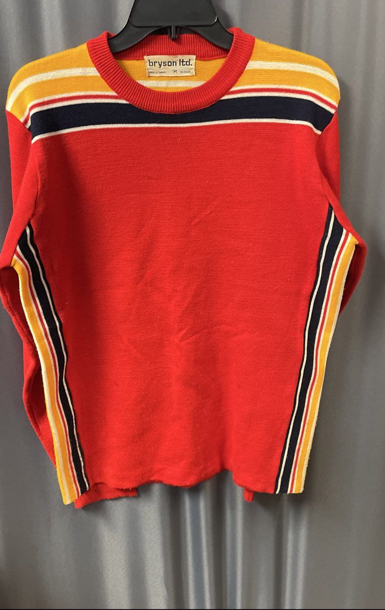 Vintage 70s Bryson Ltd Men's Red Striped Crewneck Acrylic Sweater Sz M