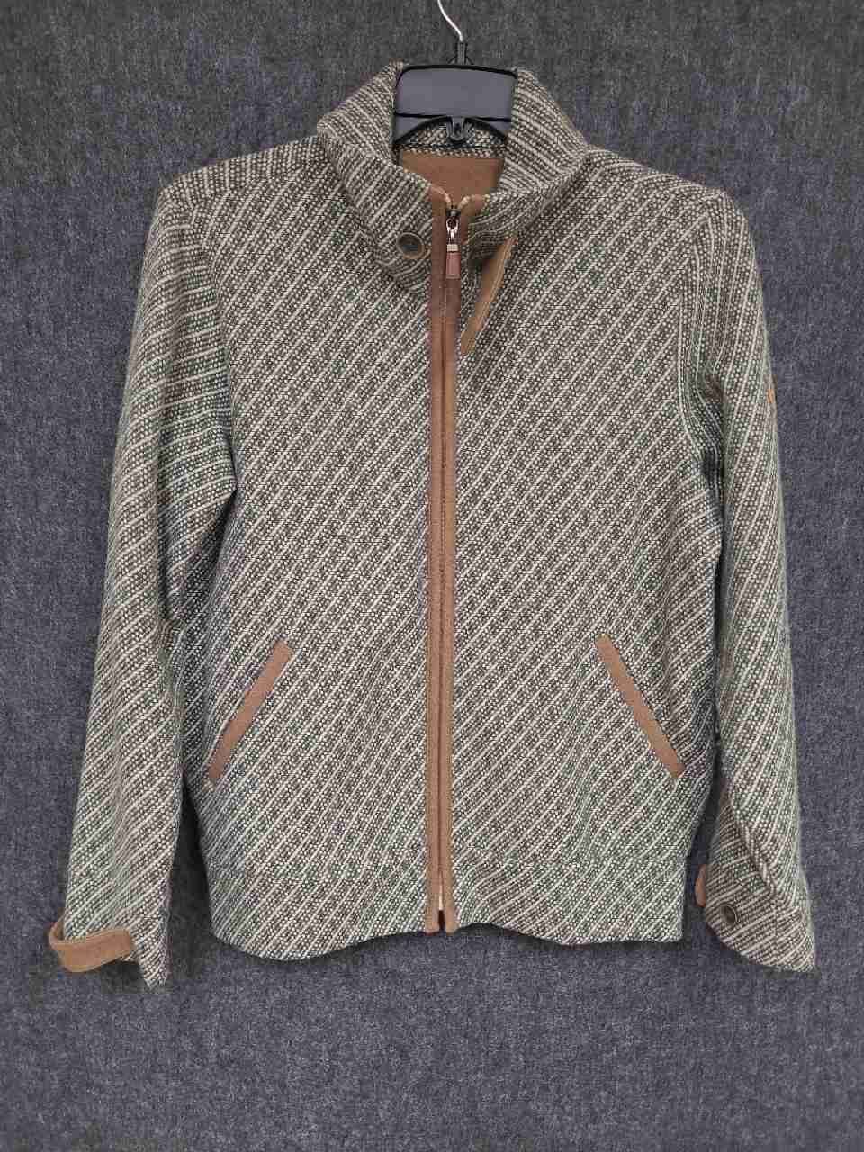 Foglia Brillante Women's Diagonal Stripe Full Zip Knit Jacket Green Tan Sz 1