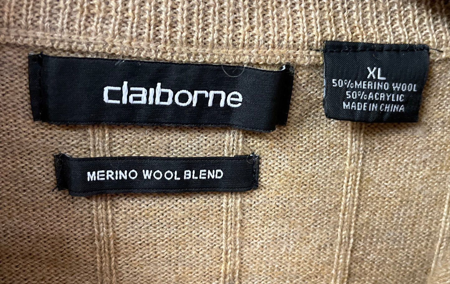 Claiborne Men's Tan Ribbed 1/4 Zip Sweater Merino Wool Blend Size XL