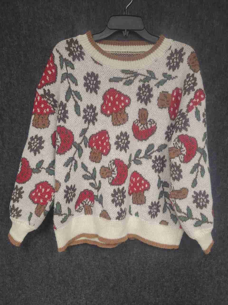 Romwe Women's Sweater Cream Red Mushroom Botanical Graphic Crewneck Size 0XL