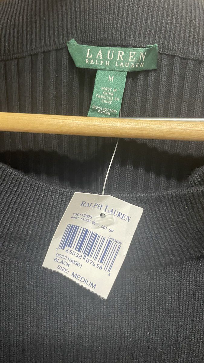 Lauren Ralph Lauren Women's Black Ribbed Short Sleeve Sweater Gold Logo Sz M NWT