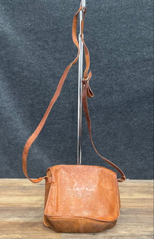 Vintage Brown Tooled Floral Leather Crossbody Bag Western Boho 90s Large