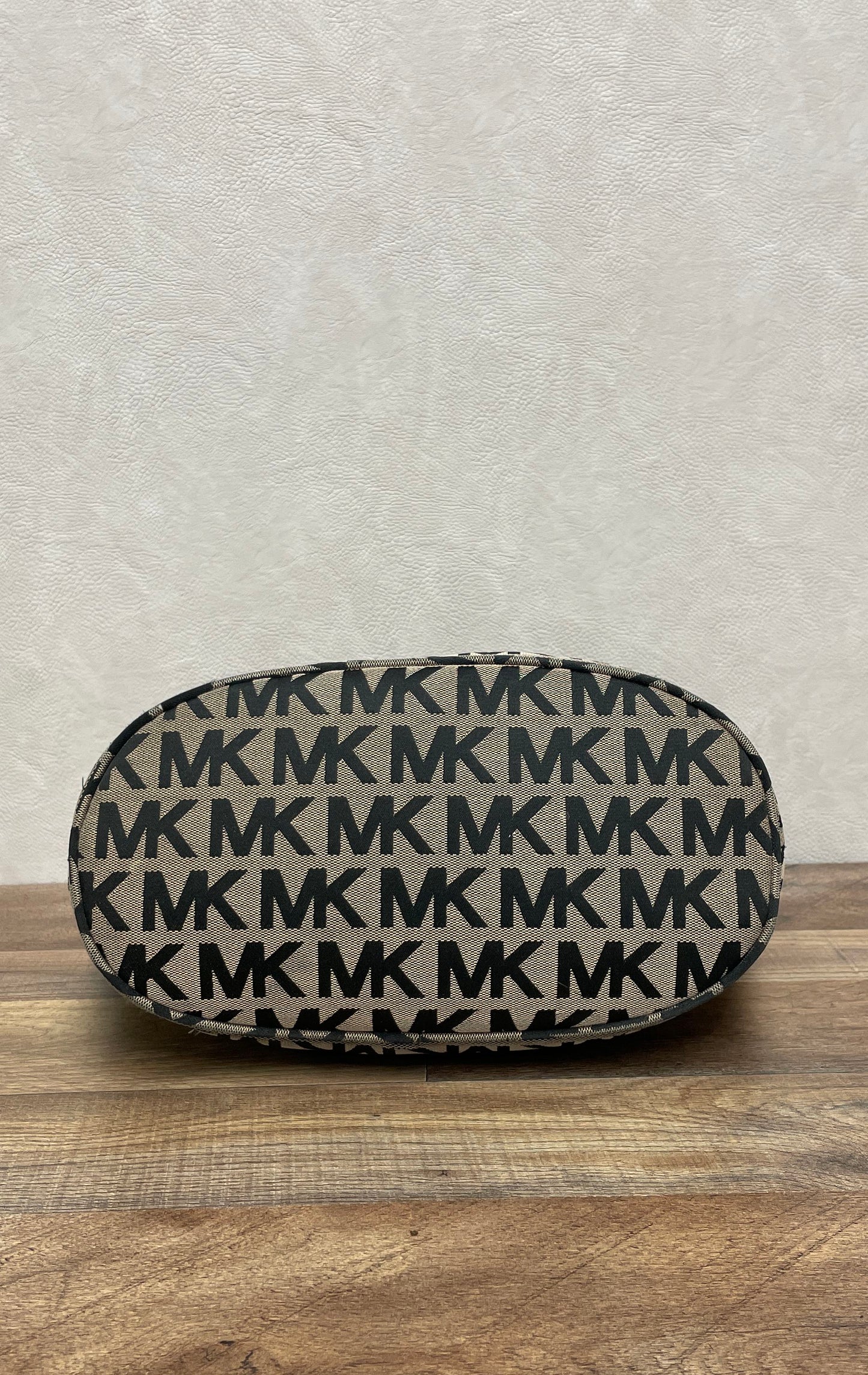 Michael Kors Black Tan MK Signature Jacquard Logo Tote Bag Silver Hardware