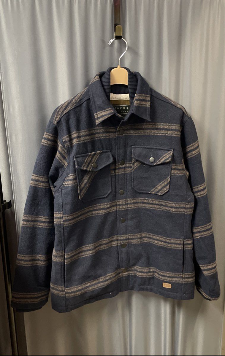 Jachs New York Men's Blue Striped Sherpa Lined Wool Blend Coat Jacket Sz L