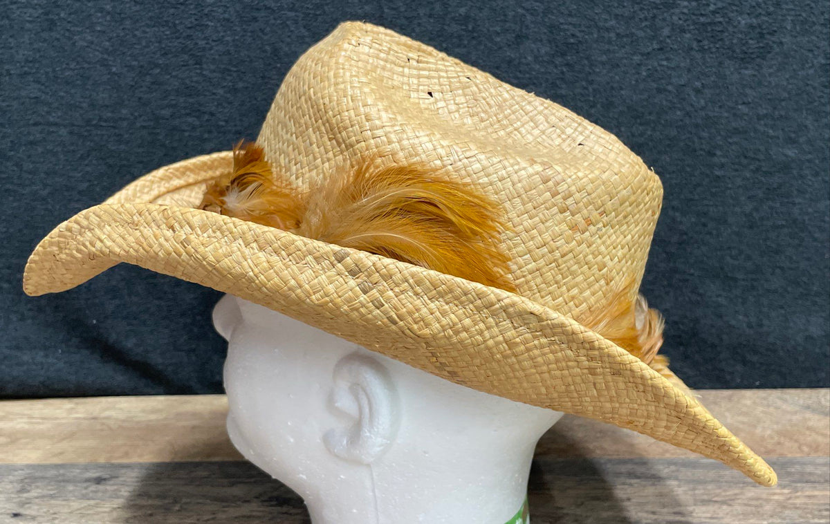 Shady Brady Western Straw Cowboy Hat Natural Tan Feather Band Size L