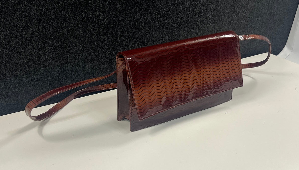 Vintage Brown Ombre Zigzag Embossed Patent Shoulder Bag Rectangular Purse