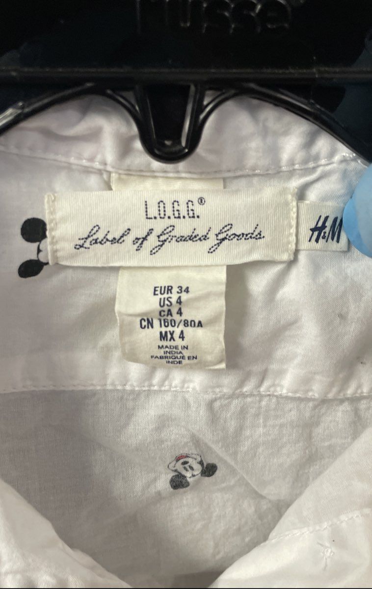 H&M L.O.G.G. Women's Mickey Mouse Pattern Button Down Shirt White Sz 4
