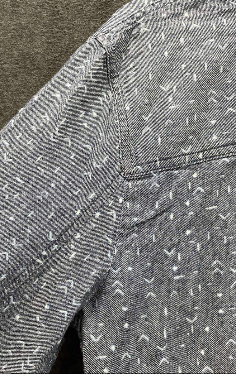 Prana Women's Blue Washed Out Denim Shirt Geometric Print Organic Cotton Sz L