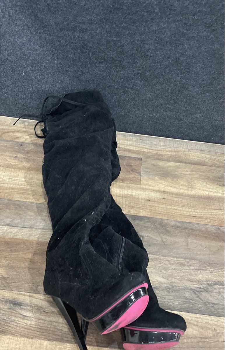Ami Clubwear Black Faux Suede Platform Stiletto Over The Knee Boots Size 6.5