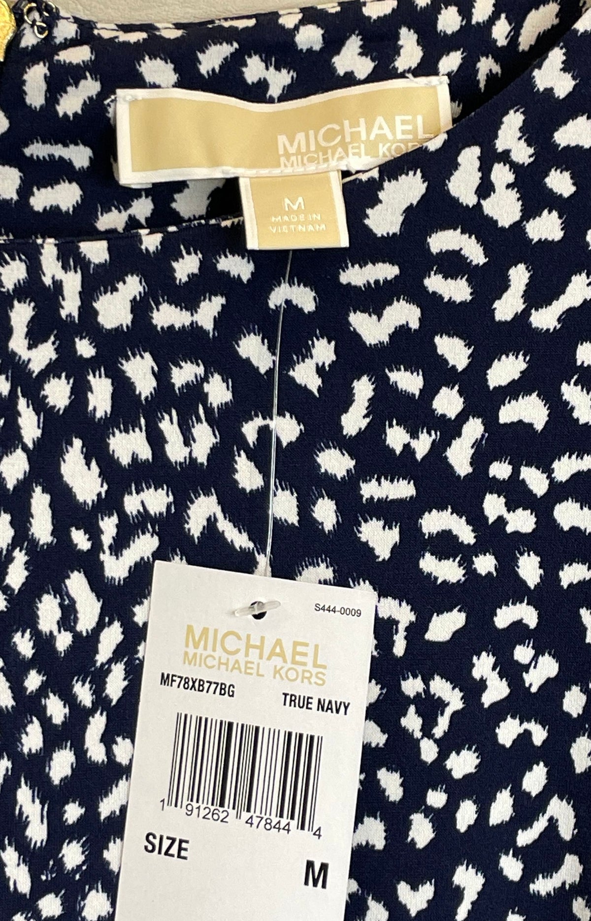 Michael Kors Women's Navy Blue White Animal Print Long Sleeve Dress NWT Sz M