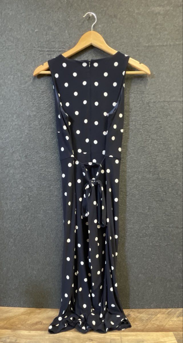 Anne Klein Women's Navy Blue Polka Dot Tie Waist Sleeveless Dress Size 6