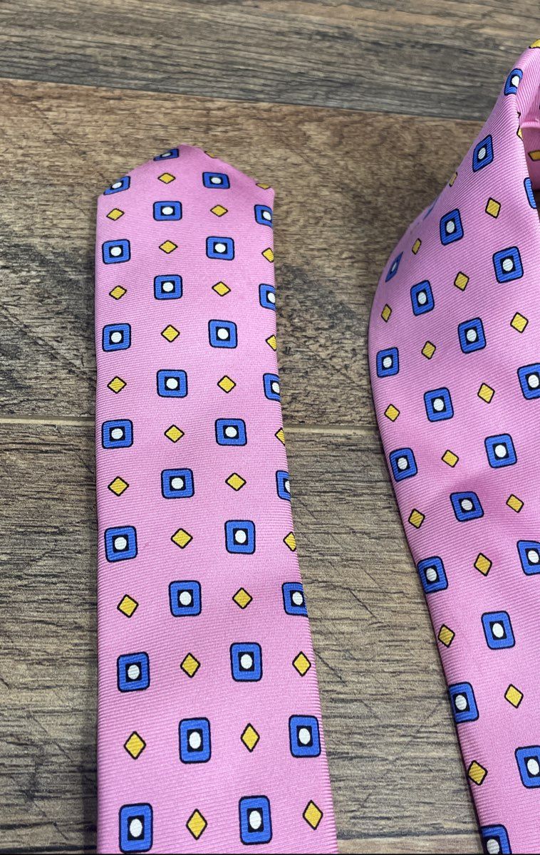 Lauren Ralph Lauren Men's Pink Blue Geometric Square Diamond Pattern Silk Tie