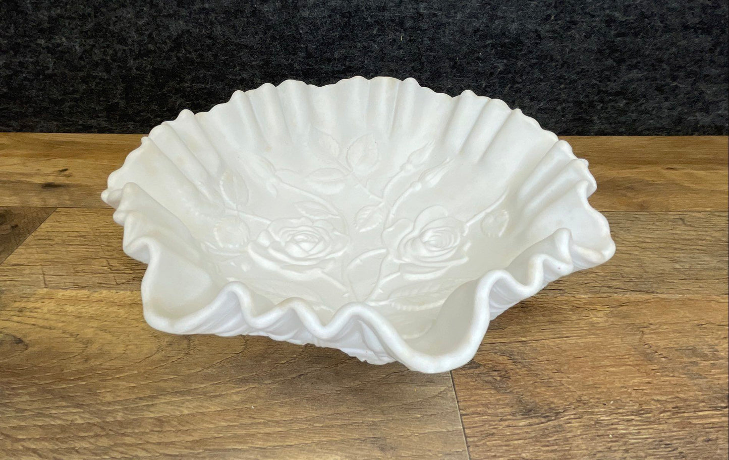 Satin Glass White Rose Pattern Ruffled Bowl 9 Inch Vintage