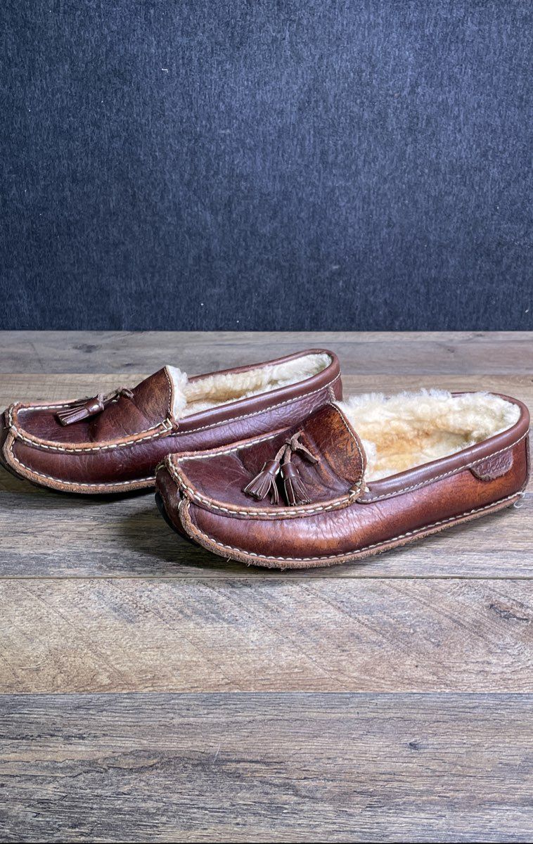 Cabela's Shearling Lined Brown Leather Tassel Moccasin Slippers Men's Size 10D