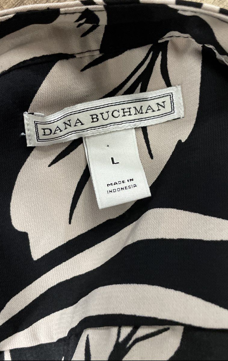 Dana Buchman Women's Black Cream Tropical Palm Leaf Aloha Shirt Blouse Size L
