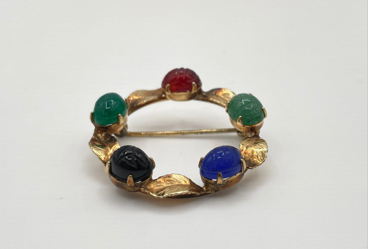 Gold Tone Multicolor Scarab Semi-Precious Stones Wreath Brooch Pin 4.5g *NPM*