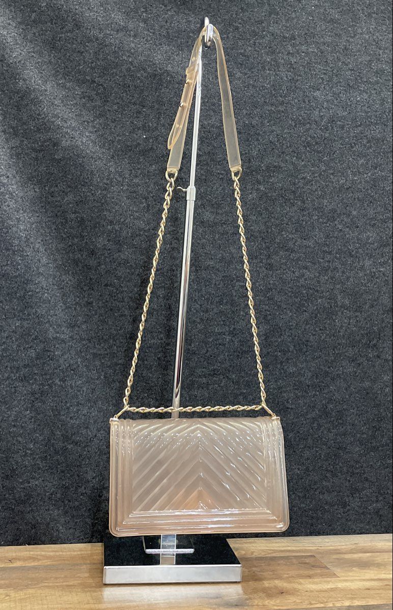 Transparent Blush Jelly Crossbody Bag Chevron Molded Gold Chain Shoulder Purse