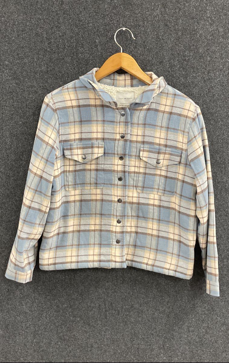 Lucky Brand Women's Blue Plaid Sherpa Lined Hooded Shacket Jacket Sz M