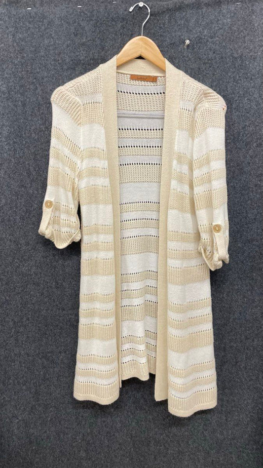 Belldini Women's Cream Beige Striped Open Knit Roll Tab Sleeve Cardigan M