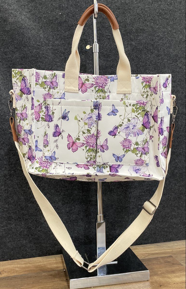 White Floral Butterfly Fabric Tote Bag Large Crossbody Shoulder Purse