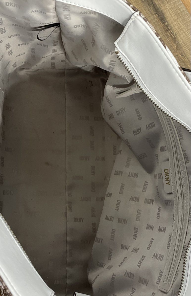 DKNY Brown Pink Monogram Logo Tote Bag White Trim Charm Shoulder Handbag