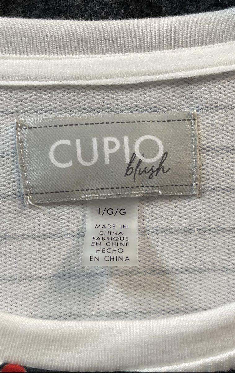 Cupio Blush Women's Shirt Top White Striped Red Hearts Drawstring Hem Size L