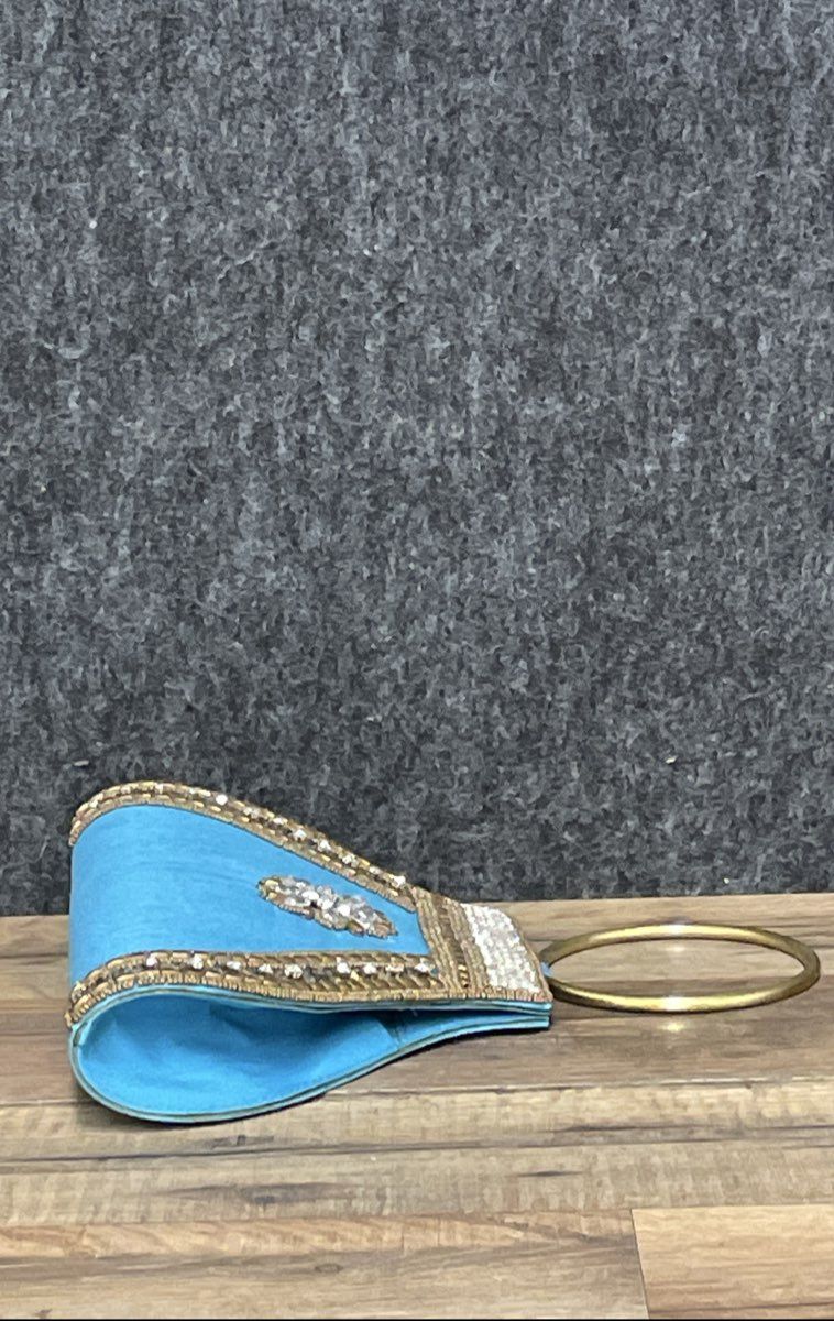 Turquoise Blue Handcrafted Beaded Ethnic Evening Clutch Bag Ring Handle