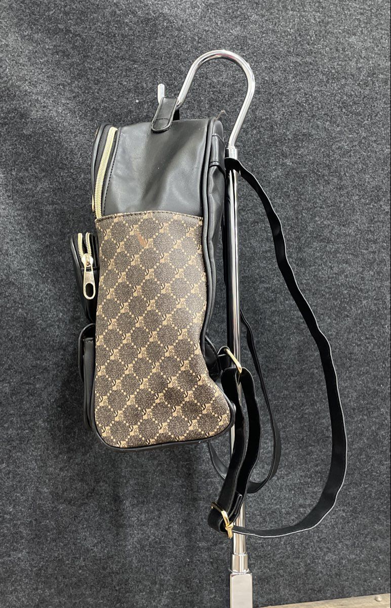 Unbranded Brown Black Leather Multi-Pocket Backpack Bag Gold Hardware