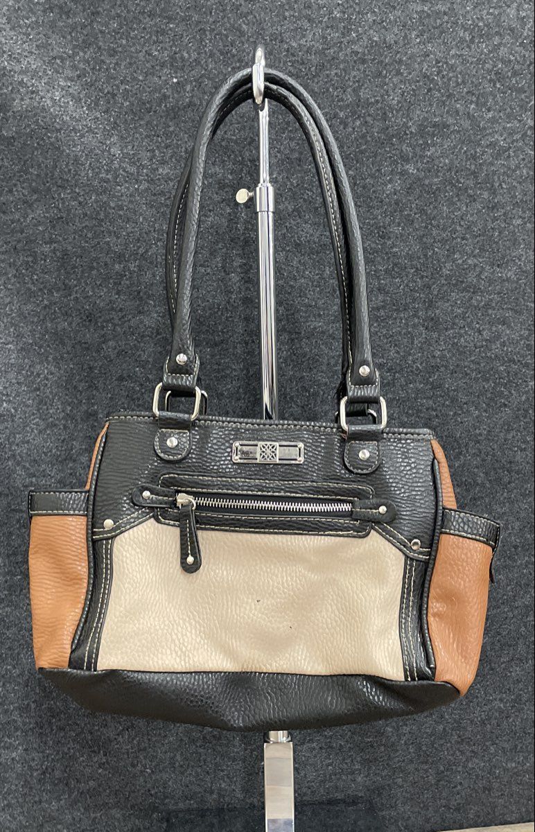 Tri-Color Black Brown Cream Leather Shoulder Bag Pebbled Purse Handbag