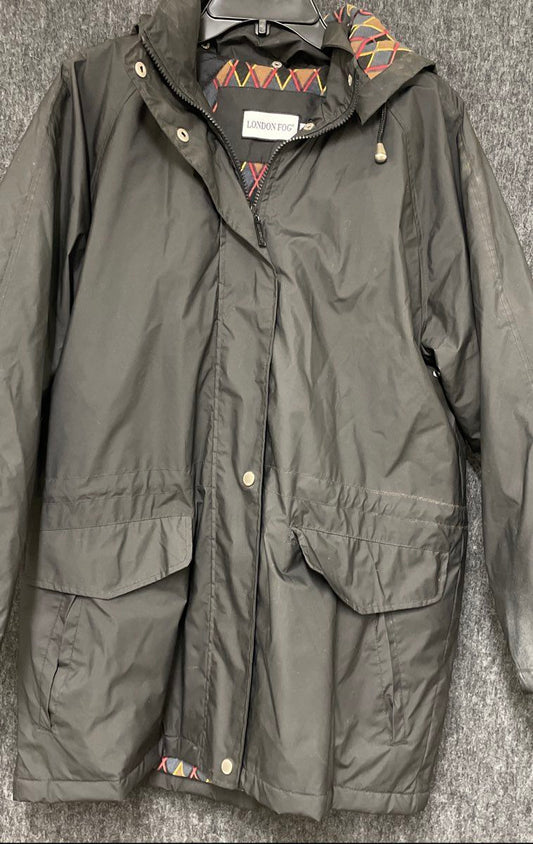 London Fog Women's Black Hooded Rain Jacket Argyle Lining Cargo Pockets Sz M
