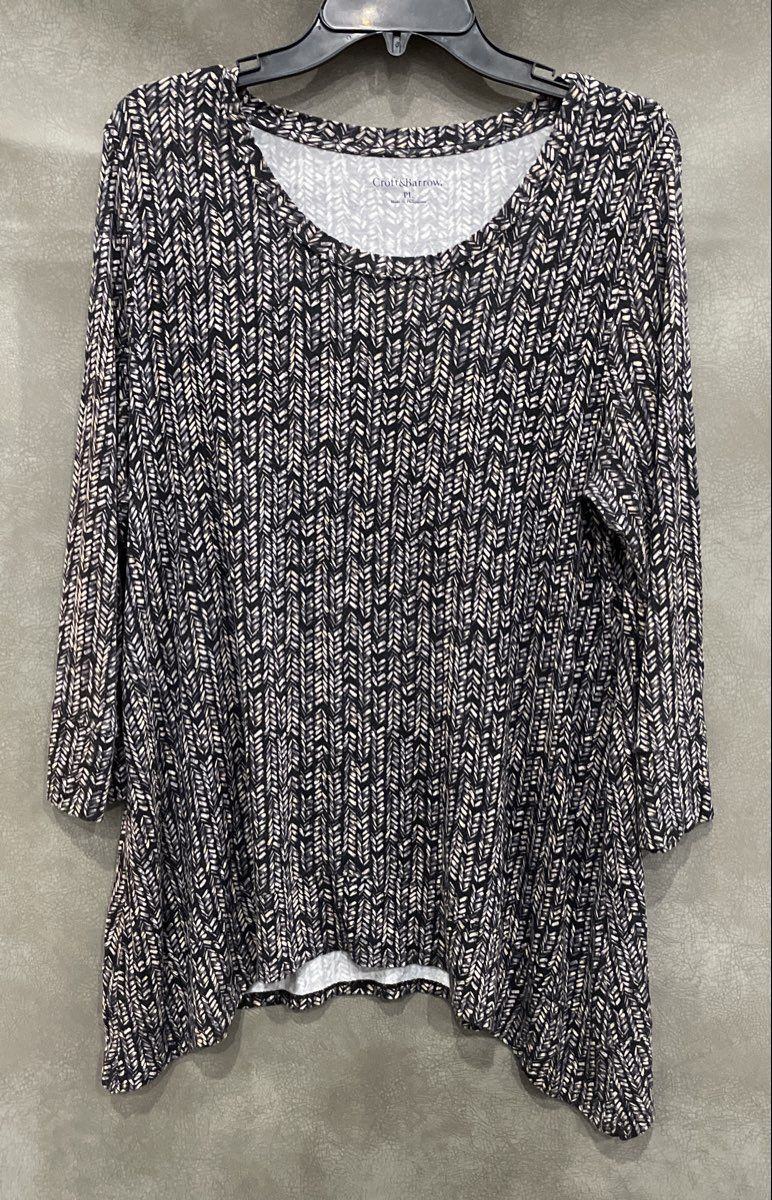Croft & Barrow Women's Navy Blue Geometric Long Sleeve Sharkbite Hem Top Sz PL